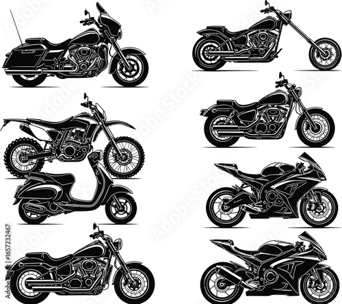Collection of diverse motorcycle styles including cruisers touring bikes dirt bikes scooters and sport bikes in a black and white illustration