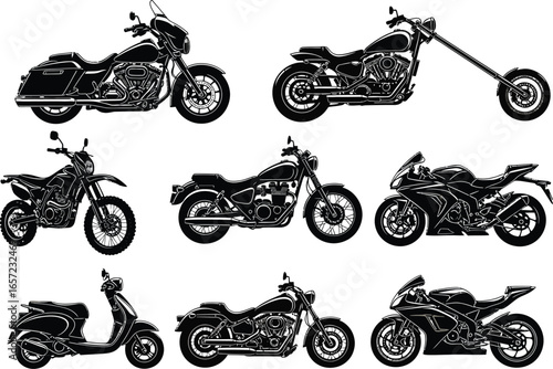Collection of diverse motorcycle styles including cruisers choppers touring bikes dirt bikes sport bikes and scooters rendered in a black and white graphic illustration
