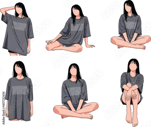 Young woman poses in a comfortable grey tunic dress sitting and standing against a white background