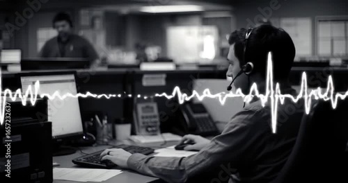 Focused emergency services operator on duty, diligently managing incoming 911 calls in a critical communication center, with a visible soundwave indicating active audio engagement.