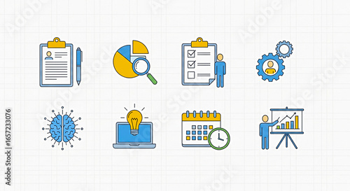 Professional business icons set for planning, strategy, and success, conveying innovation and teamwork.