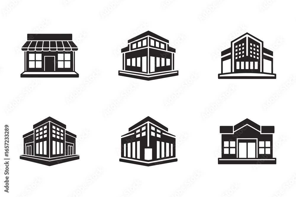 Fototapeta premium Collection of stylized building icons including shop office and residence for architectural design and development projects urban planning and real estate visualization