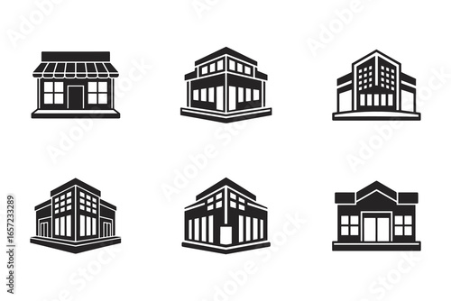 Collection of stylized building icons including shop office and residence for architectural design and development projects urban planning and real estate visualization