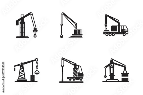 Construction Cranes Silhouette Vector Icons Set Representing Different Types of Lifting Equipment for Building Projects and Infrastructure Development