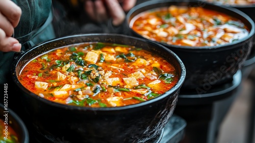 Spicy Hot Soup with Vegetables and Tofu in Black Bowl on Table