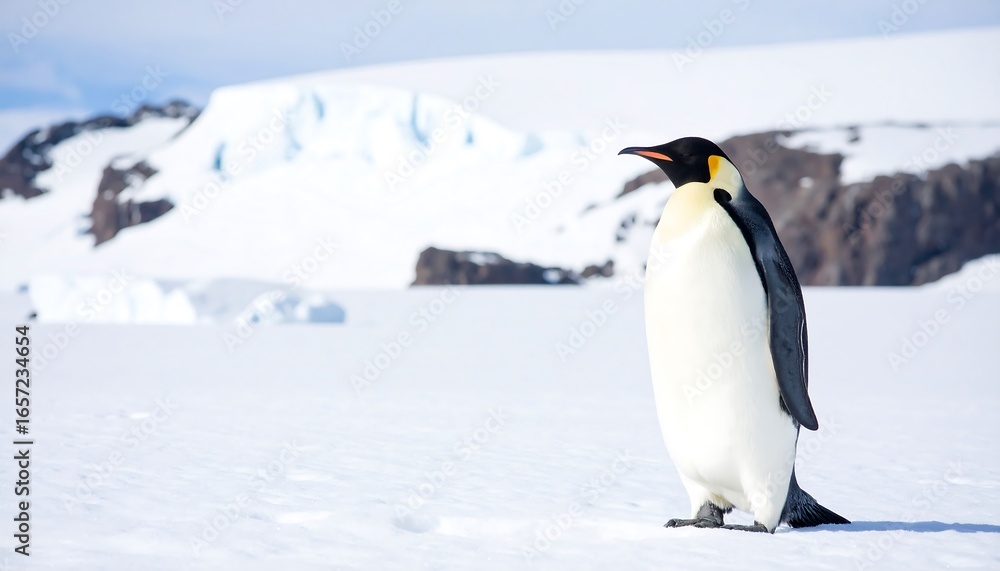 Fototapeta premium Emperor penguin standing on snow-covered landscape.