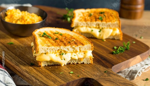 Golden-brown grilled cheese sandwich with melted cheese, garnished with fresh herbs, displayed on a wooden cutting board.
