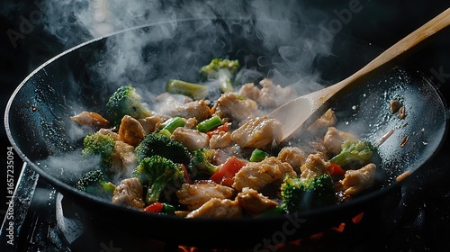 Chicken and broccoli stir-fry cooking in a wok.
