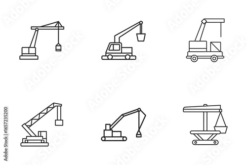 Diverse Set of Construction Crane Outline Icons for Industrial and Engineering Applications in Vector Format
