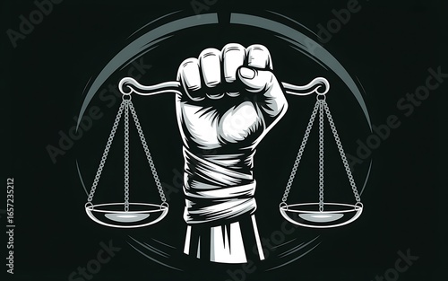 Fist holding scales of justice symbolizing strength and fairness
