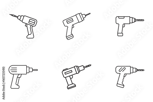 Electric Drill Icons Set Line Style Construction and Home Repair Equipment Symbol Collection on White Background
