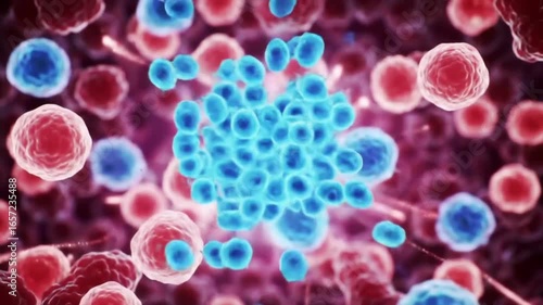 A detailed rendering of a cluster of glowing blue abnormal cells, possibly a tumor, surrounded by red blood cells in a scientific medical illustration.