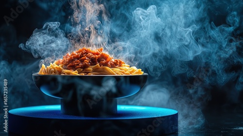 Steaming pasta dish with rich tomato sauce.