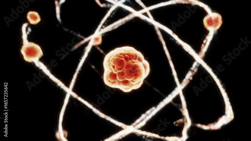 A stylized illustration of an atomic structure with a glowing central nucleus and electrons orbiting in complex elliptical paths against a dark background.