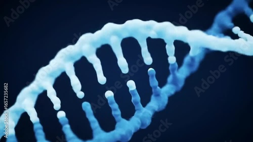 A glowing blue and white DNA double helix structure, representing genetic code and scientific research, is depicted in a detailed rendering against a dark background.