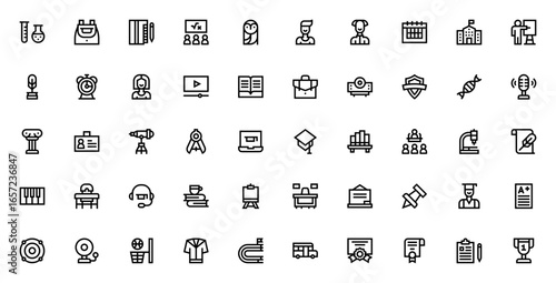 College icon set. Vector illustration. Education symbols collection. Includes student, teacher, graduation, classroom, book, diploma, science, biology, laptop, microscope and more.