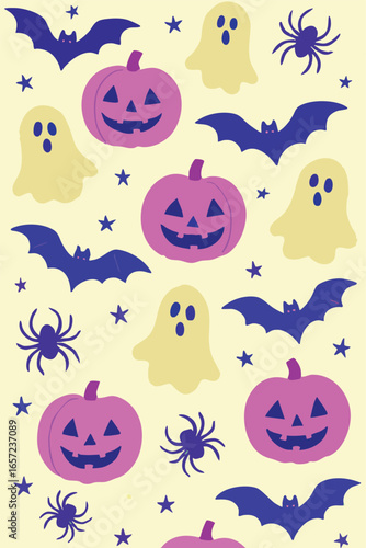 Happy Halloween Ghost Bat Spider Pumpkin Background Pattern Spooky Night Print in Vector
