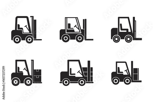 Forklift Truck Icons Set in Black and White Delivery Service and Warehouse Vehicles for Industrial Design and Transportation Needs