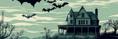 Halloween haunted house with bats spooky night vector illustration