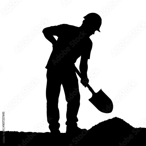 Construction worker silhouette digging with shovel dark outline white space hard work high quality professional