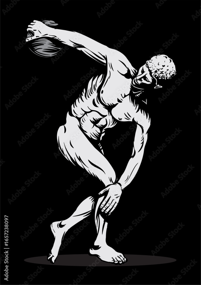 Fototapeta premium Vector illustration of classical Greek athlete throwing discus – ancient sculpture style, black and white background art