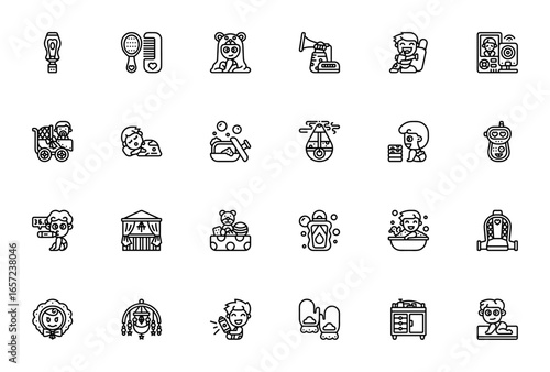 Baby Essentials icon set. Vector illustration. Includes symbols for baby care, hygiene, safety, and nursery items like diaper, car seat, crib, thermometer, breast pump, and more.