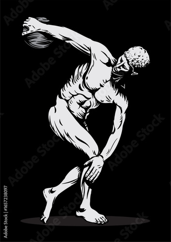 Vector illustration of classical Greek athlete throwing discus – ancient sculpture style, black and white background art