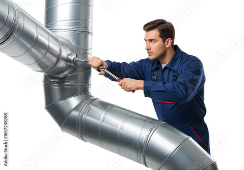 A mechanic in blue overalls uses a wrench to fix metal pipes on white or transparent background