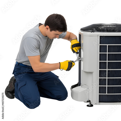 A man repairs an AC unit wearing gloves using a wrench on white or transparent background