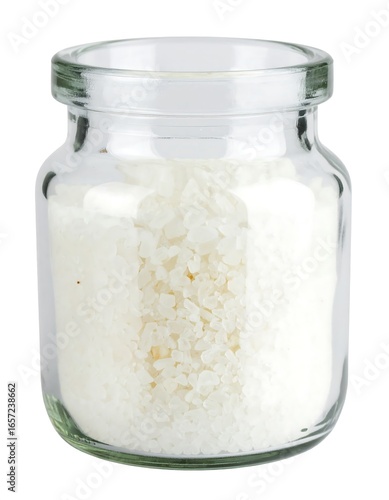 Clear glass jar filled with white granular substance