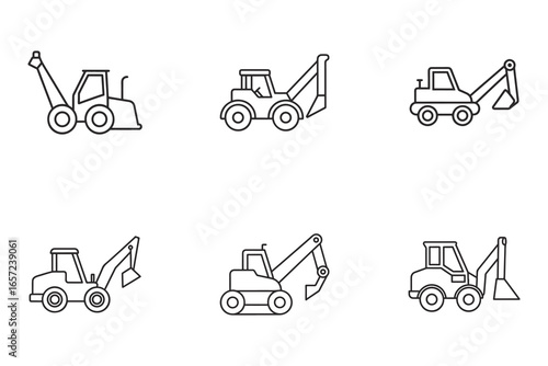 set of backhoe loader icon vector line art illustration Isolated on White Background