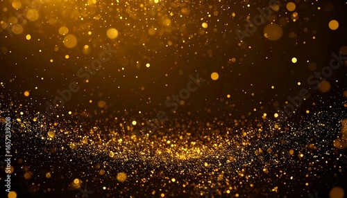 A rich, golden background displays a multitude of shimmering particles, creating a dynamic and elegant visual effect.