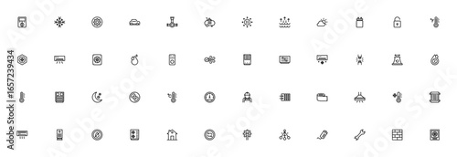 Air Conditioner icon set. HVAC vector illustration. Includes symbols for thermostat, cooling, fan, compressor, remote control, repair, ventilation and more. Editable stroke.