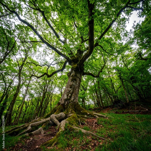 Majestic ancient tree with lush forest