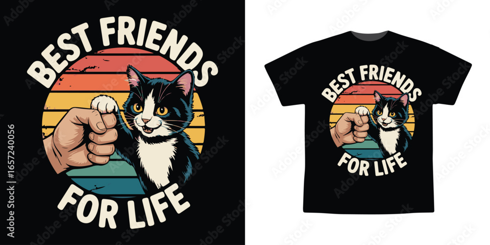 Naklejka premium Best Friends for Life Cat and Human Fist Bump Vintage Sunset T-Shirt Vector Design