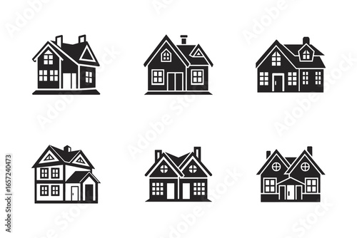 Set of Different Black and White House Icons Representing Residential Architecture and Real Estate Opportunities