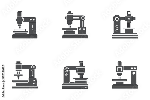 Set of industrial machine icons for factory automation and manufacturing processes vector illustration depicting robotic arms and machinery equipment
