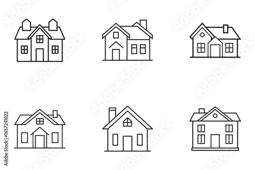 Set of minimalist house outline icons for real estate and home design projects with various architectural styles isolated on white background