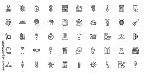 Sewing icon set. Vector illustration. Tailor, sewing machine, scissors, needle, thread, fabric, knitting, measuring tape, zipper, patch, and more.