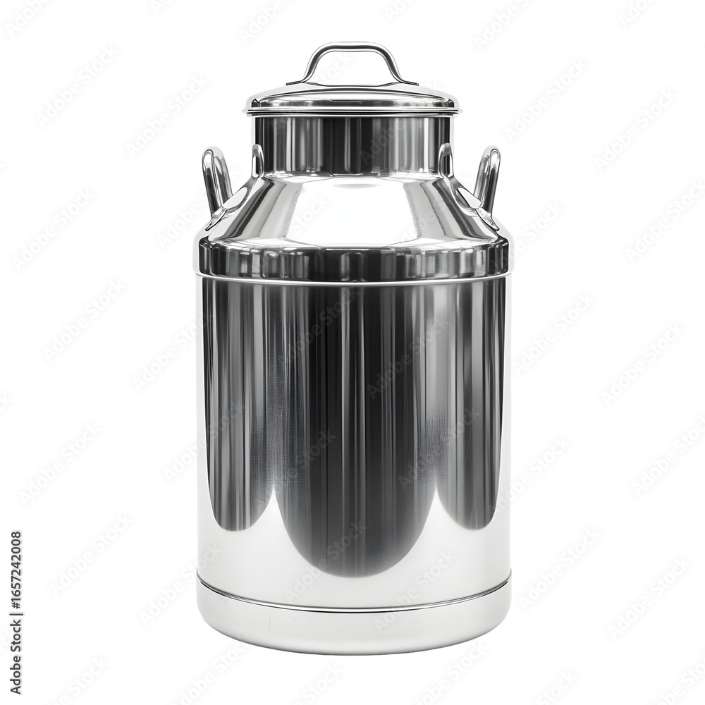 Shiny silver milk can with a lid and two handles set on white or transparent background Shiny silver milk can with a lid and two handles set on white or transparent background