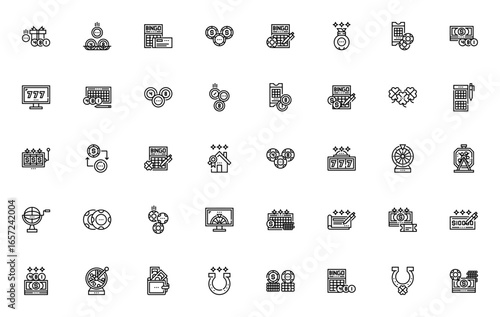 Lottery icon set. Vector illustration. Lucky symbols pack. Includes gift, cheque, coin, money bag, jackpot, bingo, clover, wheel of fortune, prize, wallet, horseshoe, gambling and more.