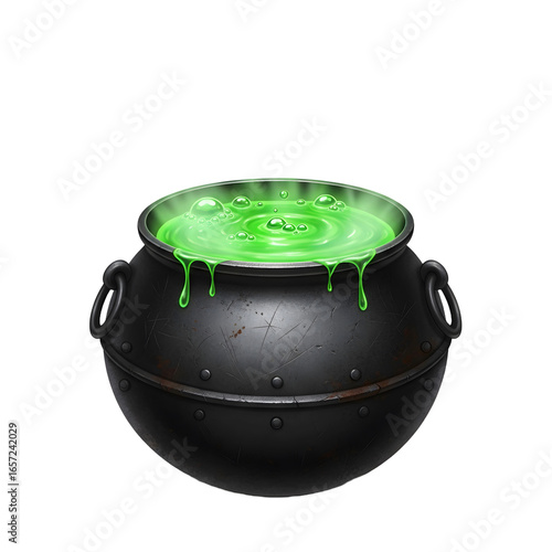 A cauldron filled with green potion bubbling and dripping on transparent background