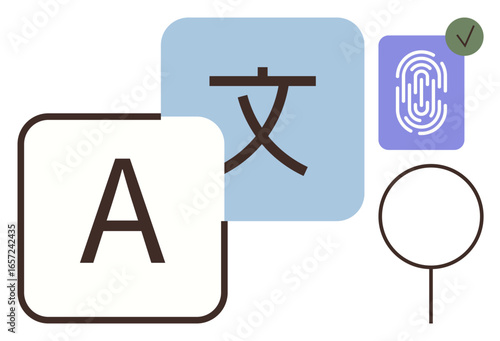 Alphabet, translation icon, fingerprint scan, and magnifier highlight multilingual text translation, biometric verification, accessibility, and technology. Ideal for language, security