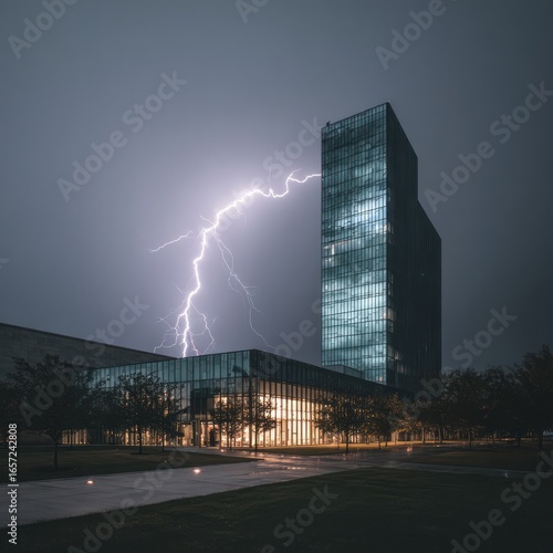 Dramatic Lightning Strike Near Modern Glass Skyscraper at Night
