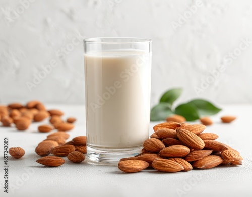 Glass of almond milk, surrounded by almonds