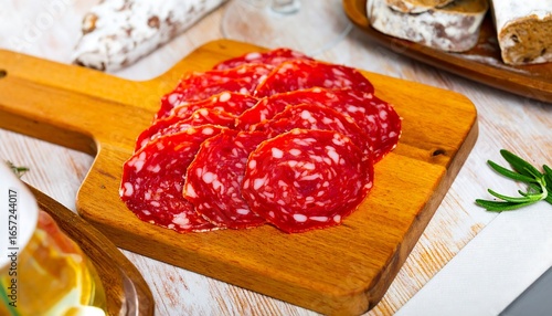 Slices of cured sausage arranged on a light-colored wooden cutting board, highlighting the rich red color and texture of the meat.