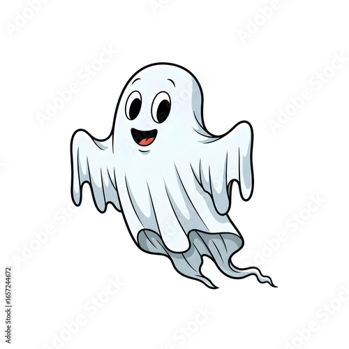Cartoon ghost with happy face isolated for halloween design on transparent background