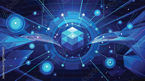 Vector art of futuristic abstract technology network with glowing blue nodes and lines connecting a central cube, representing digital data, global communication, and advanced science in a modern, fut