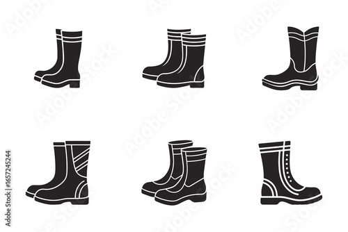 Vector illustration of various styles of black rubber boots ideal for rain or gardening providing protection and style in wet weather conditions
