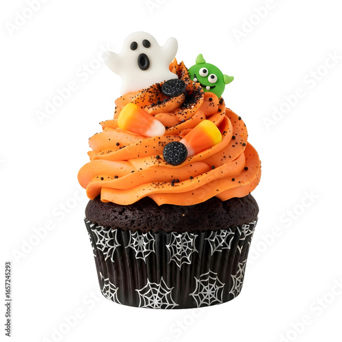 A spooky halloween cupcake with ghost and monster decorations and orange frosting on transparent background